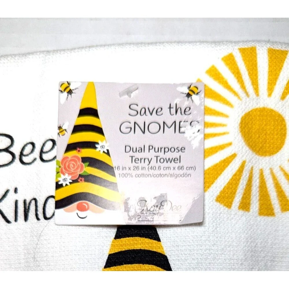 BEE KIND Kitchen Towels 2-pc Honeybee Gnome & Daisy Kay Dee Designs Gift
